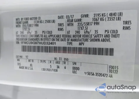 2017 Ford Escape Se from USA, damaged, VIN 1FMCU9G97HUD32401